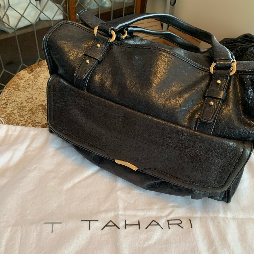 Black T Tahari shoulder bag with 2 zipper sections
